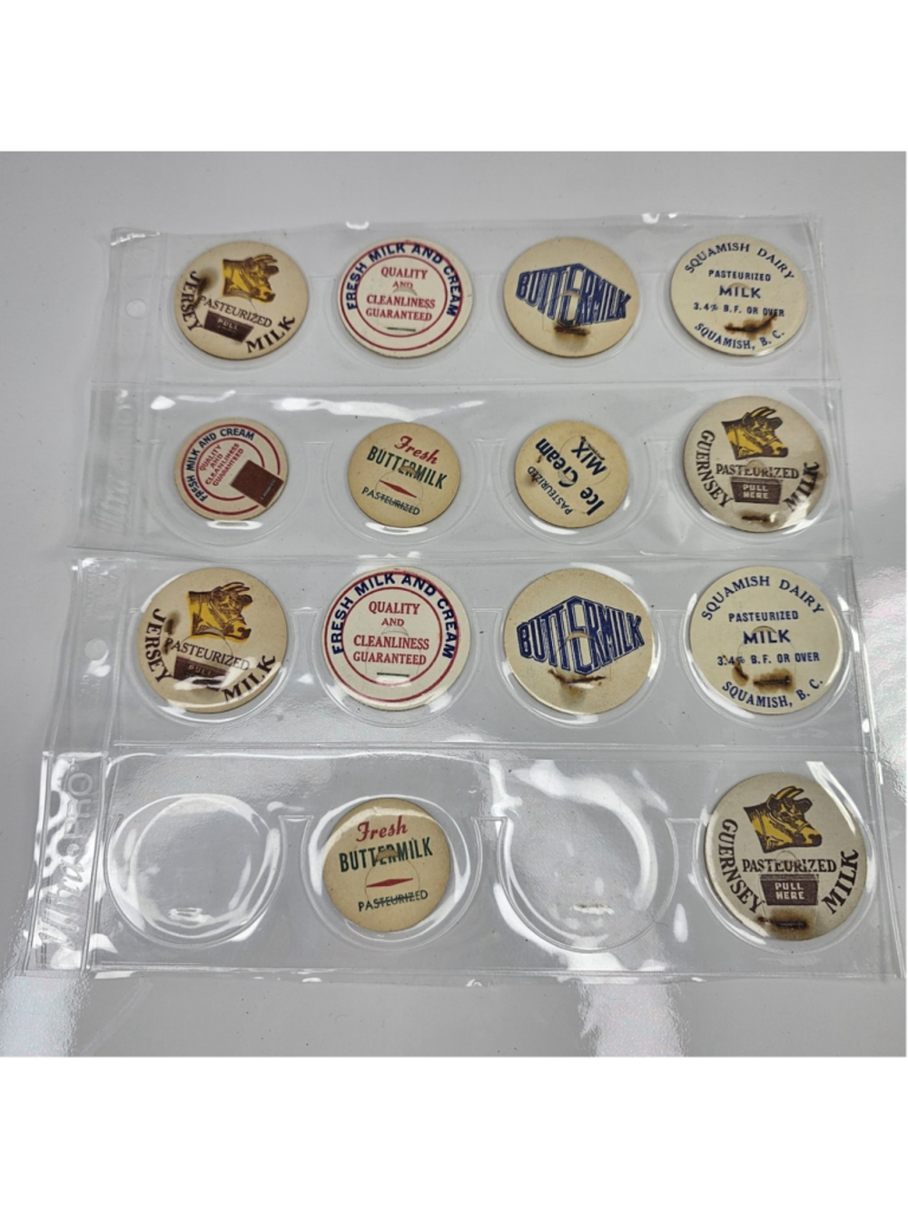 Vintage Canadian Milk Bottle Caps Lot of 14 Jersey Buttermilk Squamish Dairy BC